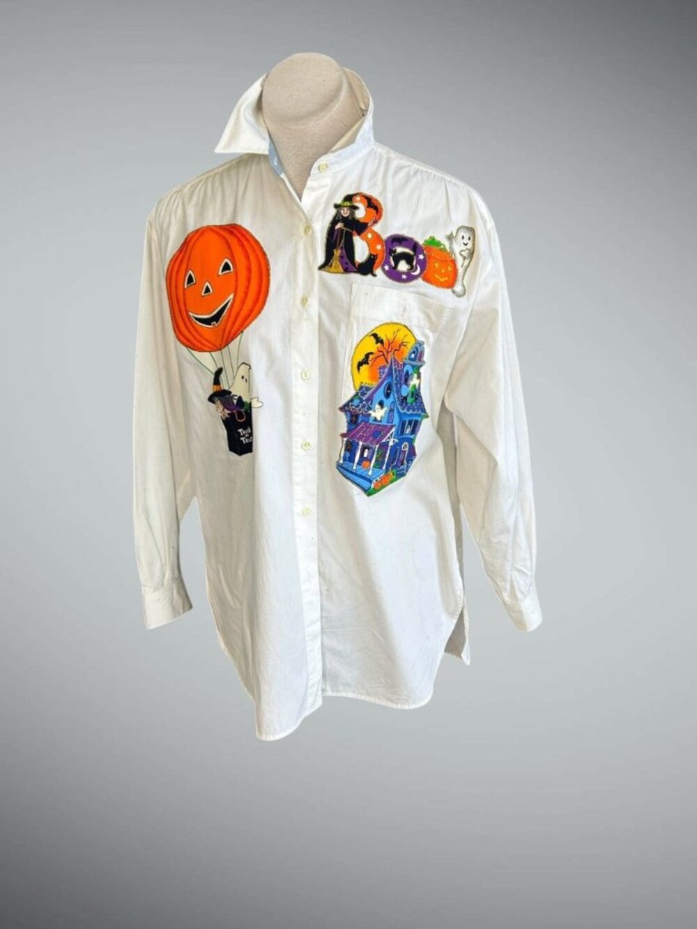 Halloween Trick or Treat Upcycled DYI Art to Wear Button Front Shirt